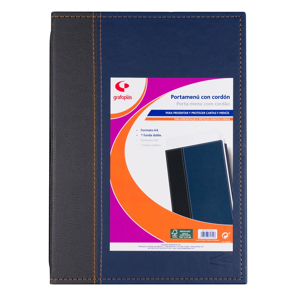 Portamenú A4 cosido con cordón y funda doble Azul.