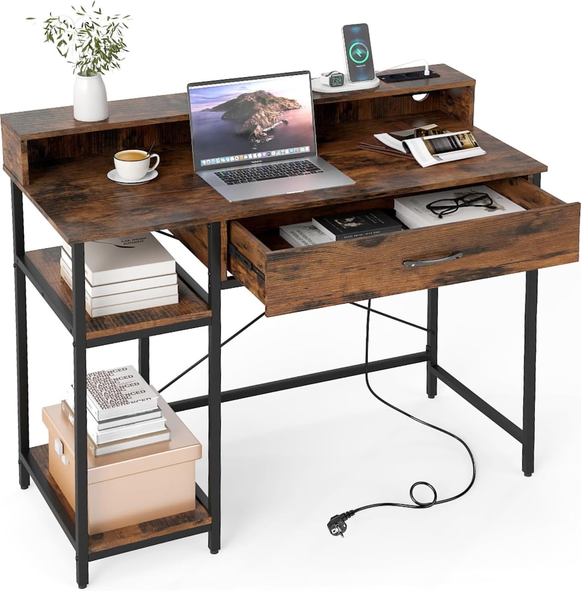 COSTWAY Escritorio con enchufes, caja pequeña para ordenador con accesorios, cajón y estante extraíble, mesa de oficina con estructura metálica.