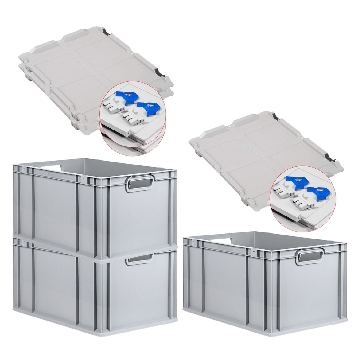 PROREGAL 3x Eurobox NextGen Grip mit Scharnierdeckel & blauen Verschlüssen | HxBxT 32x40x60cm | 65 Liter | Griffe offen | Verstärkter Boden
