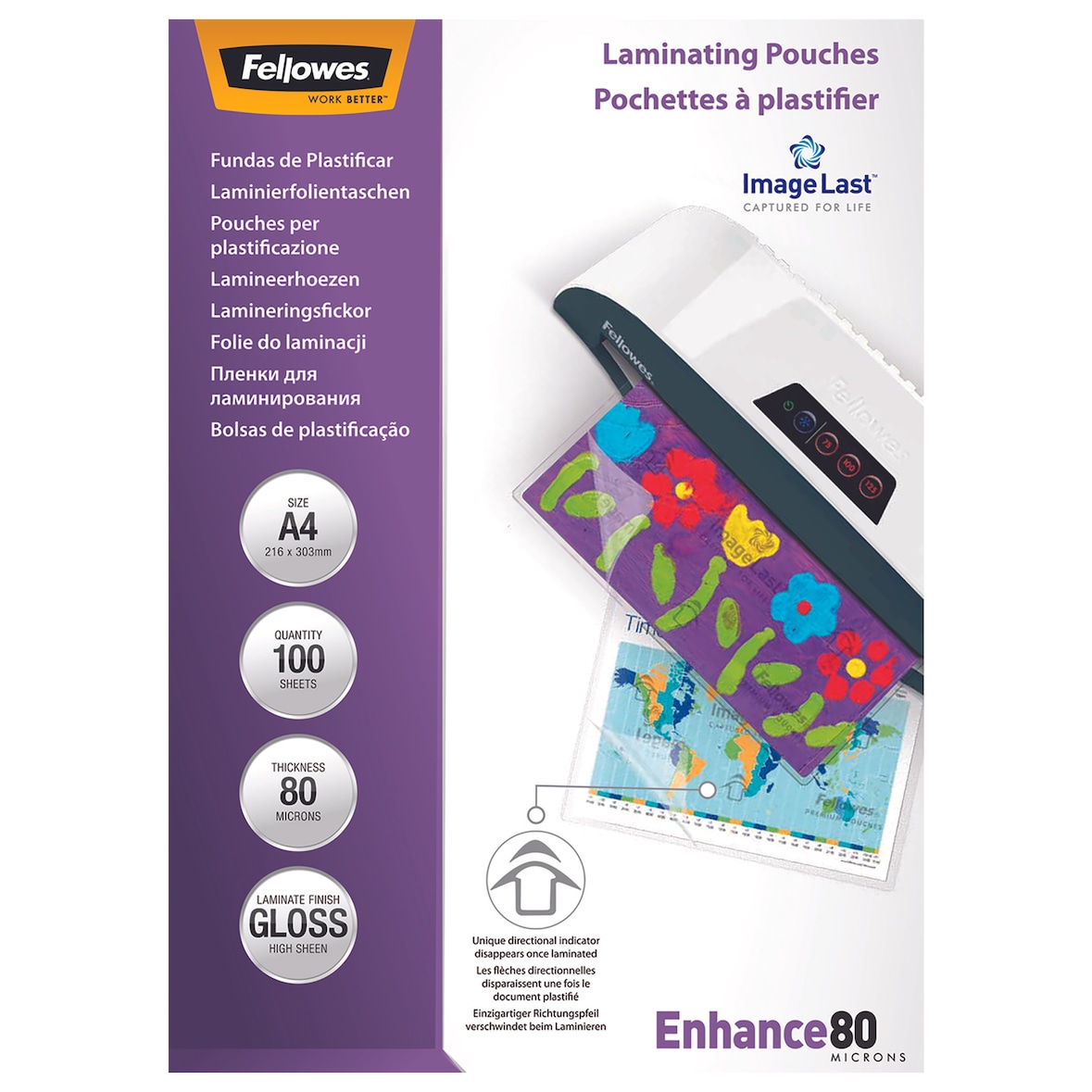 Fellowes 100 fundas plastificar Premium A4, 80 micras, acabado de alta calidad, flechas direccionales de introducción que desaparecen al plastificar