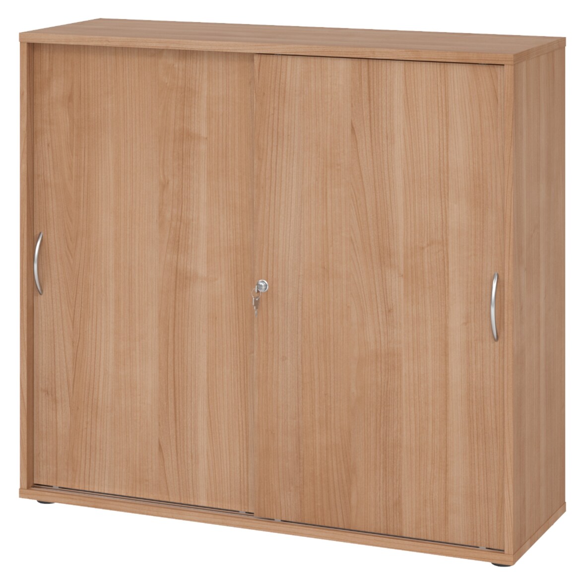 bümö Schiebetürenschrank 3OH - Aktenschrank abschließbar, Sideboard Schrank mit Schiebetüren in Nussbaum, Bogengriff - Büroschrank aus Holz mit