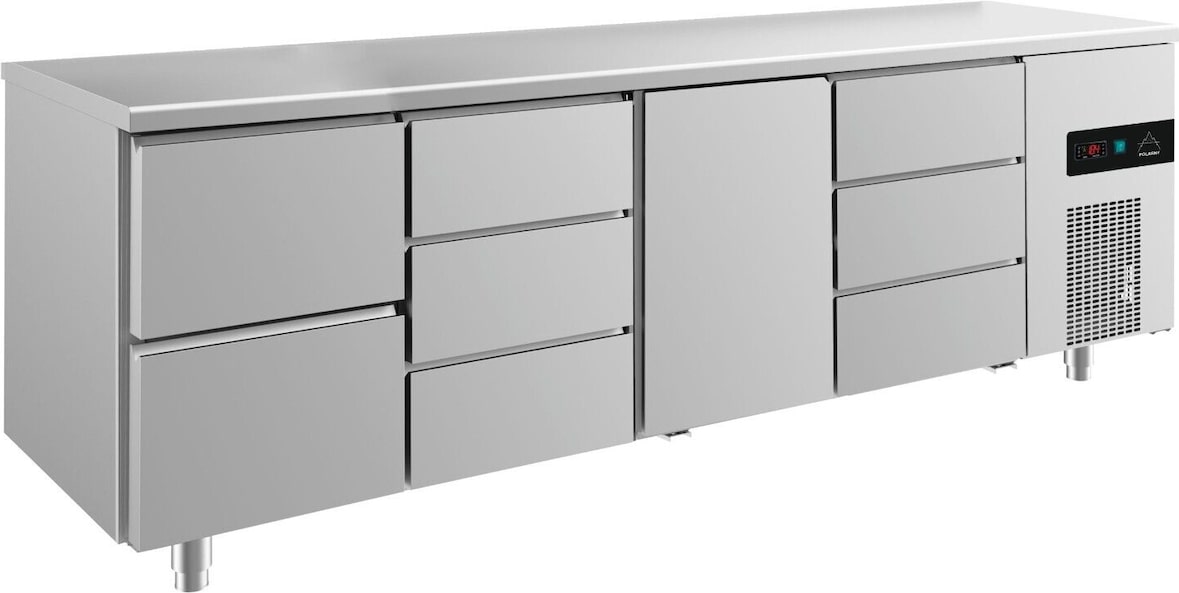 Gastro Kühltisch 1 Tür Mitte 8 Schubladen Umluftkühlung 2330x700x850mm -2/+8°C ISO 50mm
