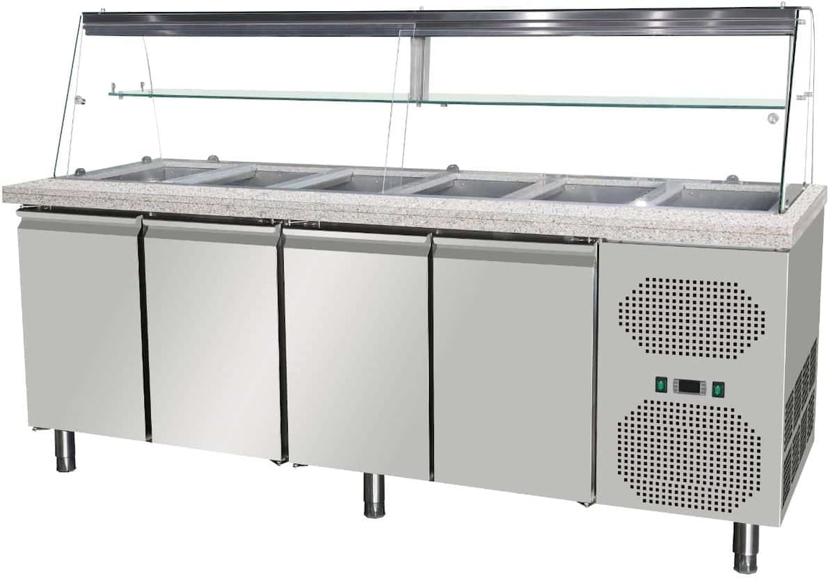 Saladette / Salattheke - 2,23 x 0,82 x 1,25 m - mit 4 Türen - eckigem Glasaufsatz - IDEAL Plus Glasaufsatz 40 cm - Schwarz