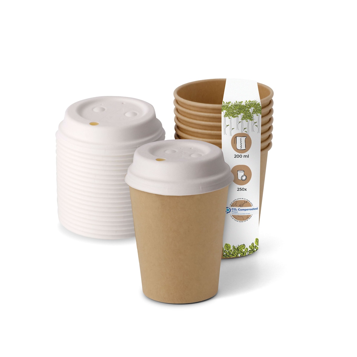 BIOZOYG 250 Stück Kaffeebecher mit passenden Pappdeckeln 200ml / 8oz Einwegbecher Pappbecher Kaffeetassen ungebleicht kompostierbar nachhaltig
