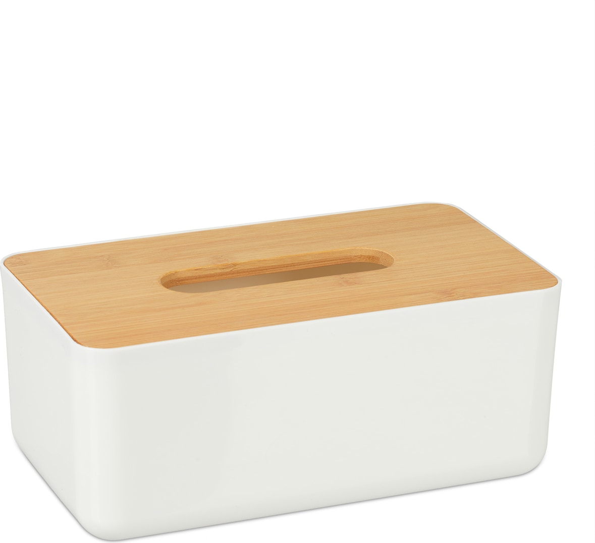 Relaxdays Tücherbox mit Deckel aus Bambus, fürs Bad, modernes Design, Kunststoff, H x B x T: 10 x 23 x 13 cm, weiß/natur