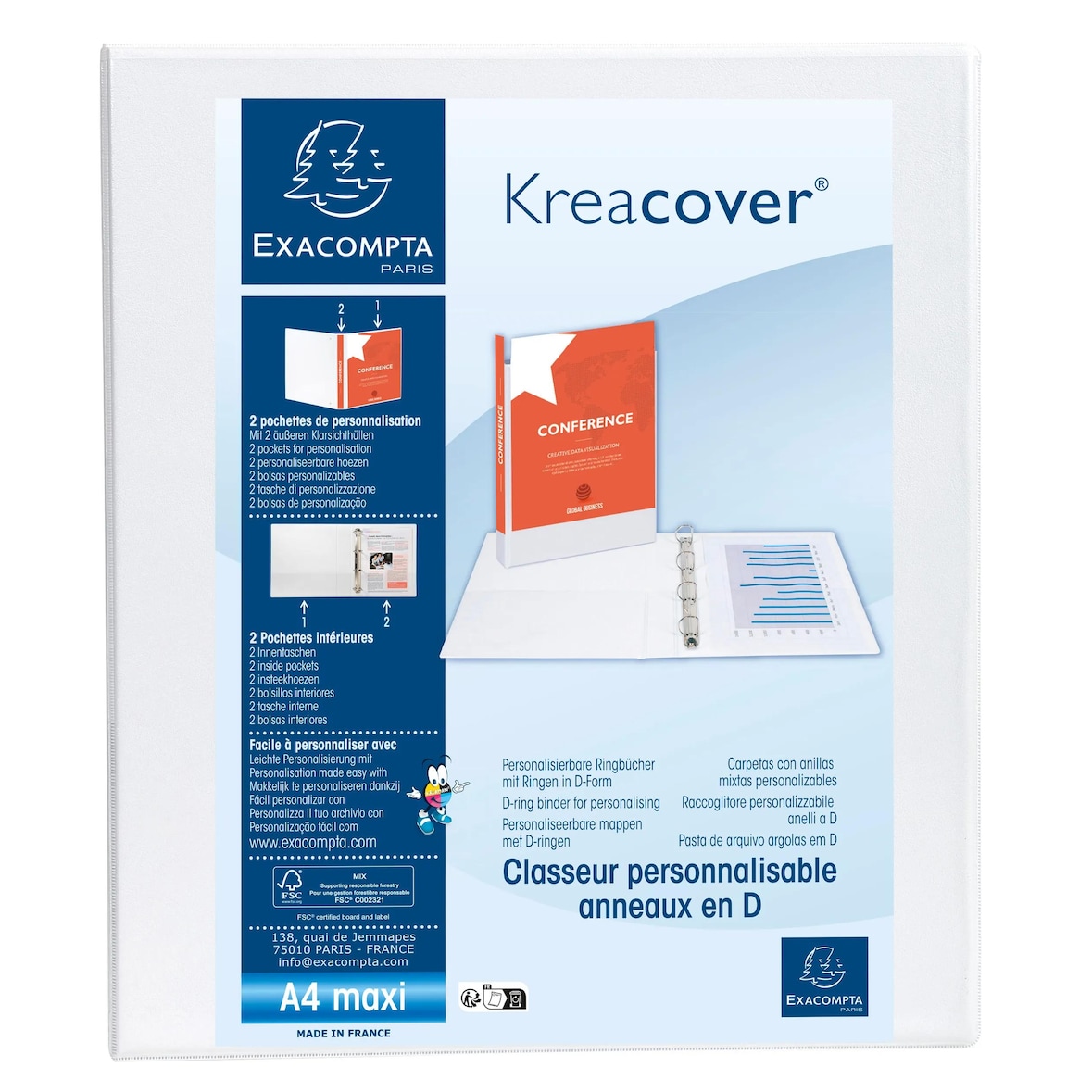 Exacompta 51842E 10x Ringbuch, 4 Ringe 30mm Rücken 38mm Rücken, 3 Außen- und 2 Innenhüllen, 32x27,7cm für DIN A4 MAXI - Kreacover - Weiß