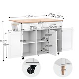 thumbnail of Kücheninsel Servierwagen 129x71x92 cm mit Klappplatte, 2 Schubladen und Schrankfächern, auf 5 Rollen, Weiß+Natur, MDF