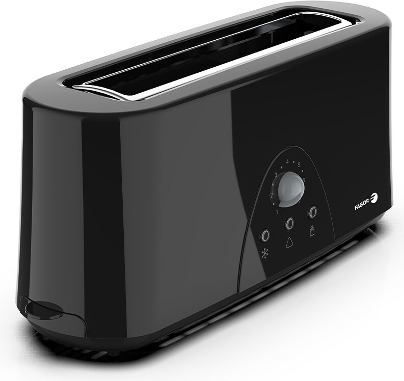 FAGOR - Tostador LONGTOAST de una ranura larga 980W de potencia y exterior completo negro birllante. 7 niveles de tostado. 3 funciones integradas.
