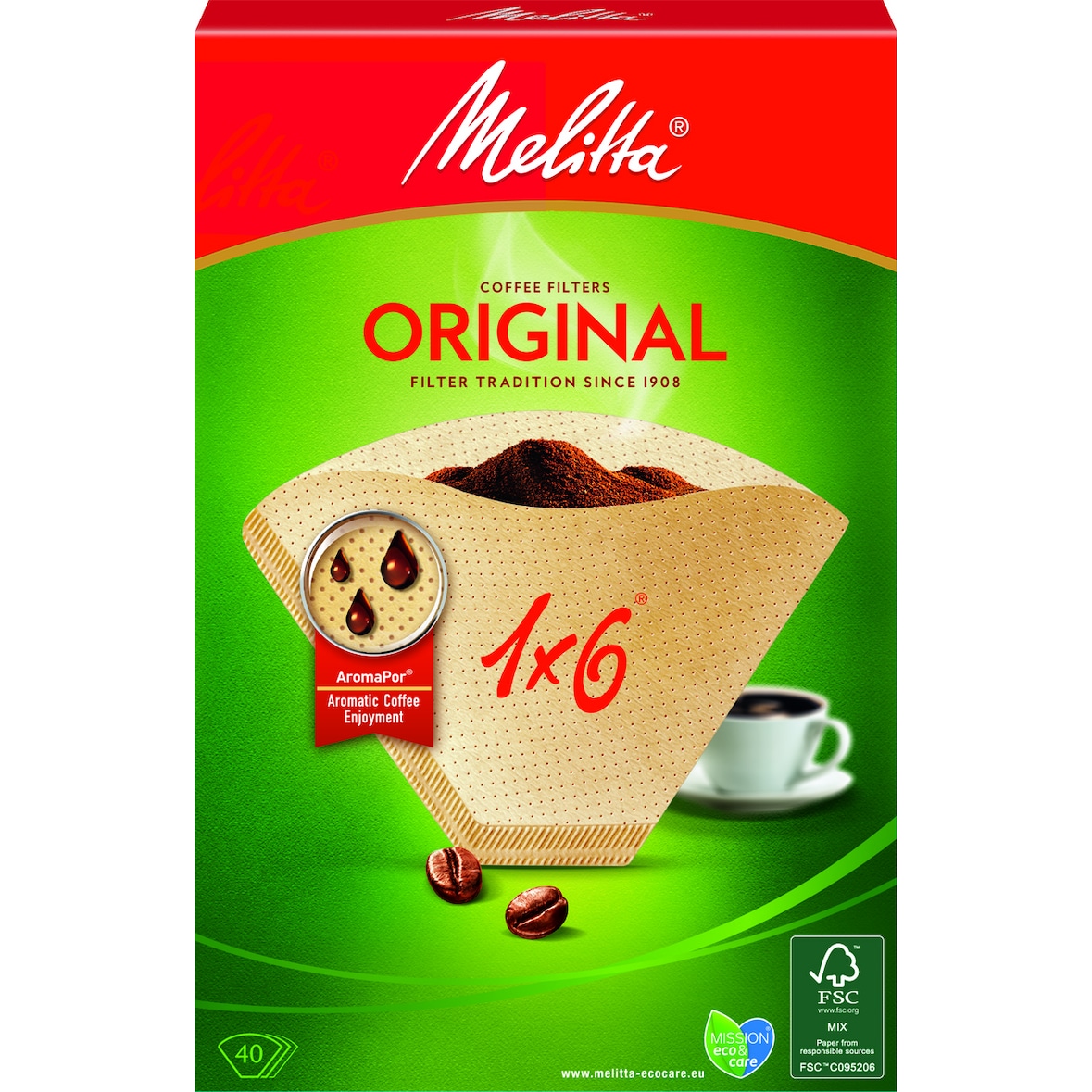 Melitta Original Filtertüten, Aroma 1 x 6, Faltschachtel, naturbraun, 40 Stück