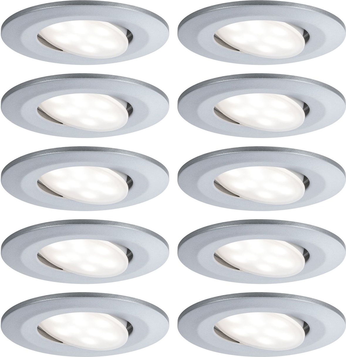 Zehn weiße Einbaustrahler mit LED-Licht.