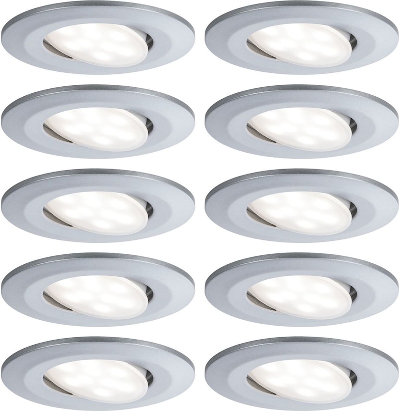Zehn weiße Einbaustrahler mit LED-Licht.