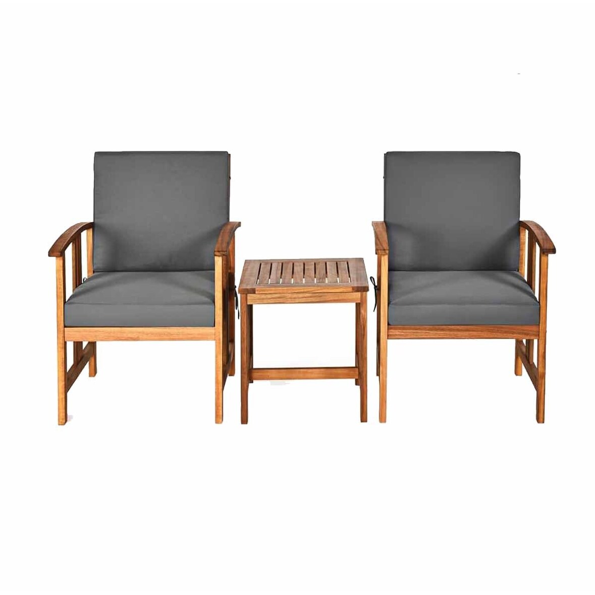 Conjunto de móveis para varanda COSTWAY de 3 peças, mesa lateral com 2 cadeiras, conjunto para varanda feito de madeira de acácia