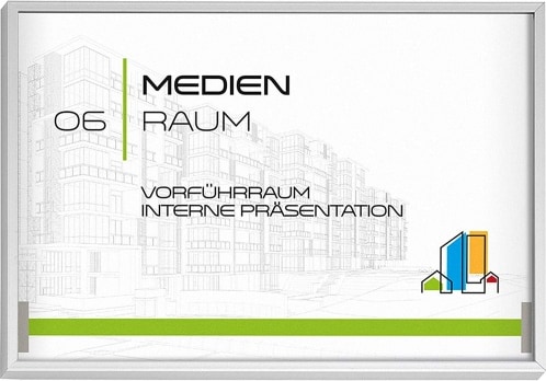 Madrid Silver Line Türschild A5 quer | Alu Rahmen silber eloxiert | entspiegelte Abdeckung | einfache Montage Kleben oder Schrauben | Schild Büro