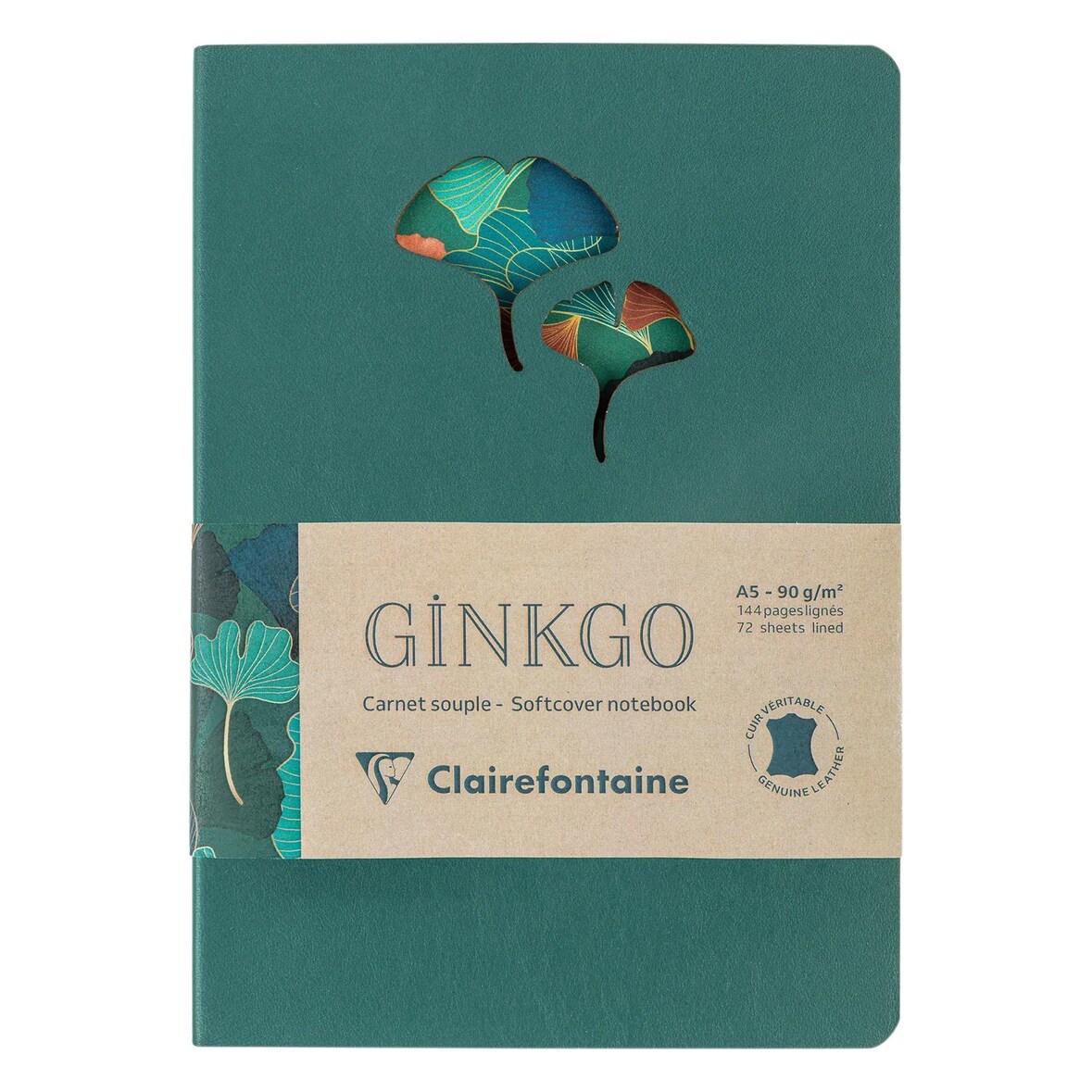 Clairefontaine 4x Ginkgo, Notizbuch aus Leder, A5 14,8x21 cm, 72 Blatt liniert 90g, sortiert - 115949C