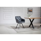 thumbnail of SalesFever Esstischgruppe 5-tlg., 180x90 cm, Platte Akazie 26 mm cognac, Metallgestell schwarz, 4 Armlehnstühle 360° drehbar Samt, grau–schwarz