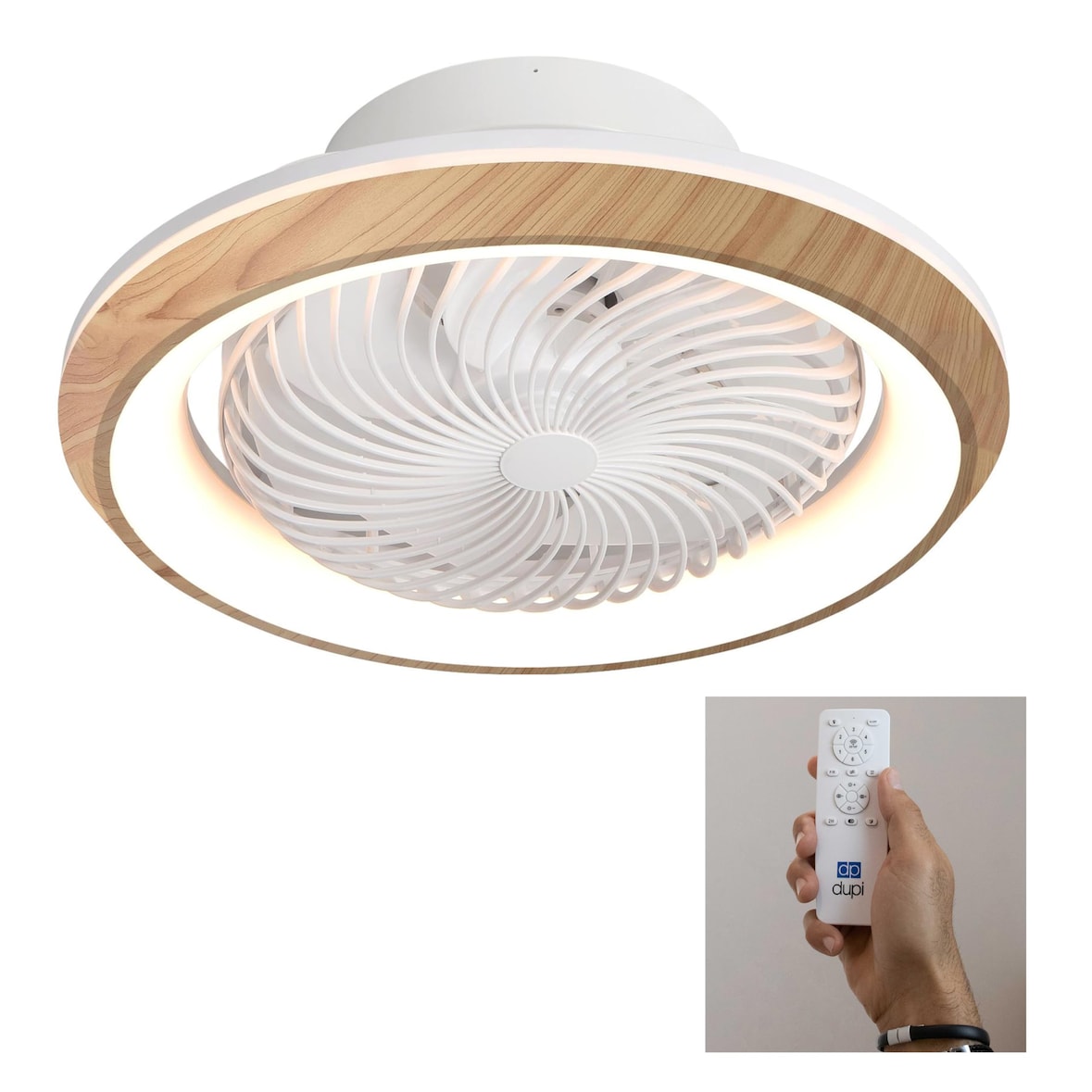 DUPI Ventilador Plafon de Techo con Luz Led GIRATORIO, función oscilante 360º. 6 Velocidades, color de luz regulable. Mando a distancia. (Haya)
