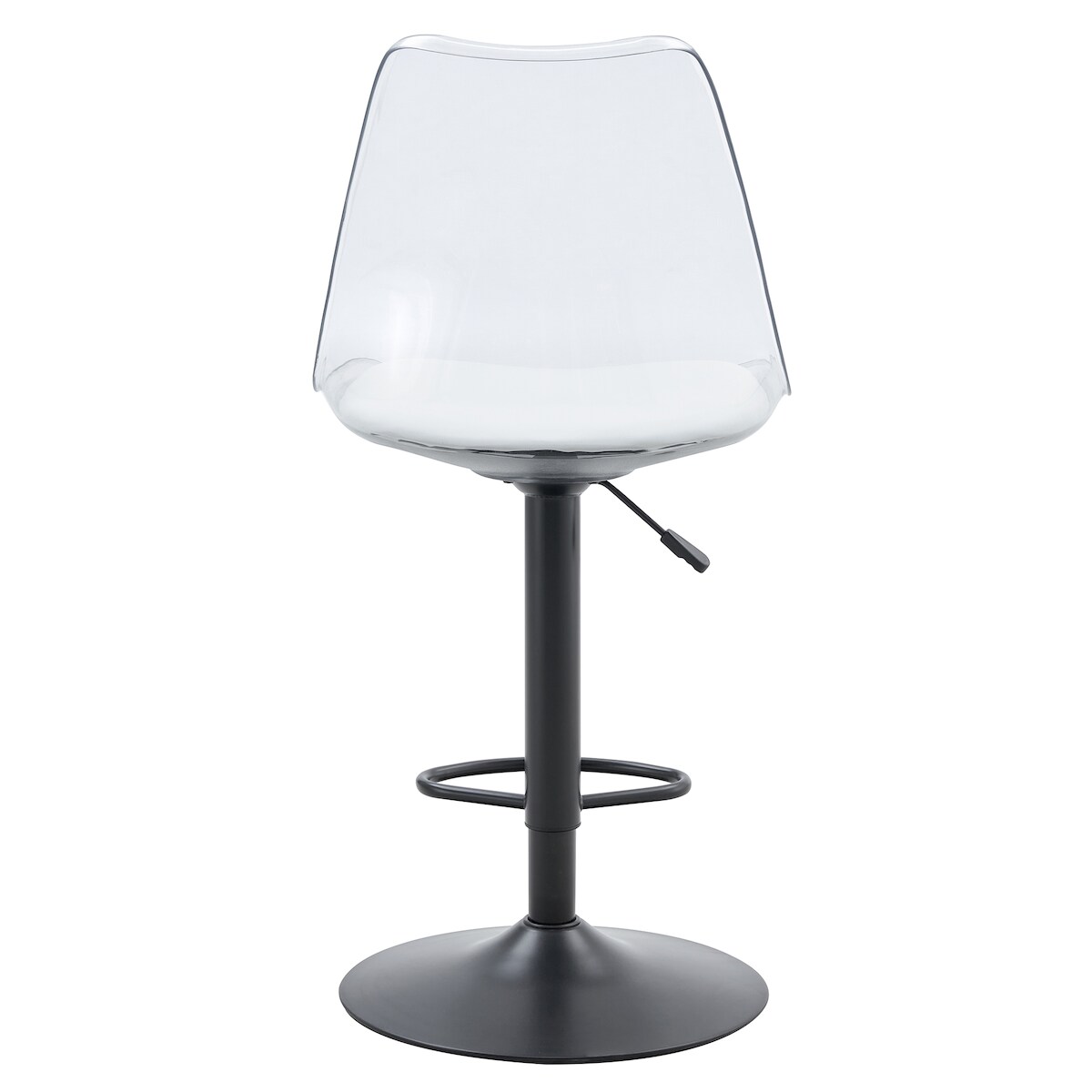 OKWISH Barhocker Metall/Kunststoff Schwarz/Transparent, höhenverstellbar 60–80 cm, 360° drehbar, mit Rückenlehne und Fußring