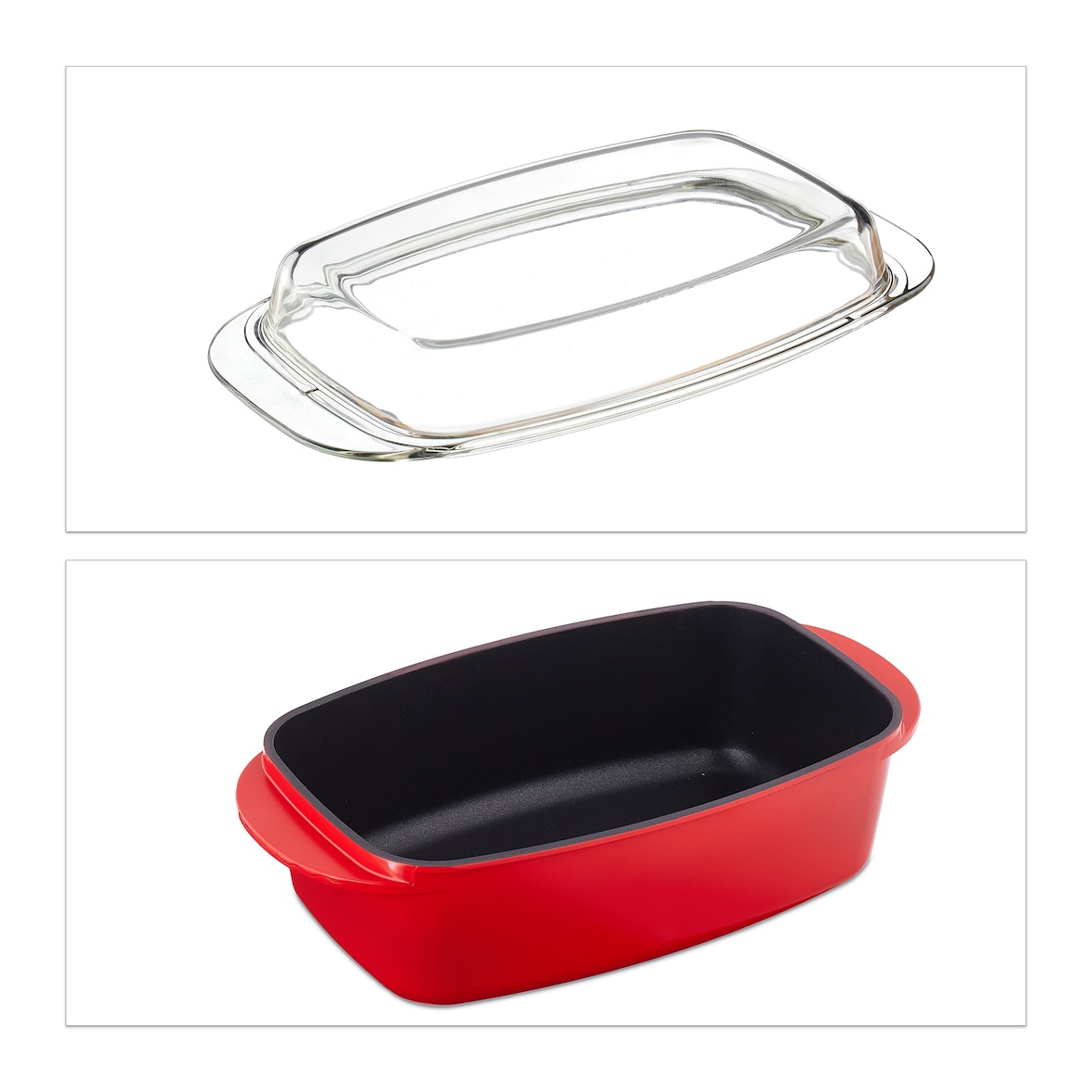 Relaxdays Bräter mit Deckel, antihaftbeschichtet, Auflaufform, Aluminiumguss & Glas, spülmaschinenfest, Gänsebräter, rot