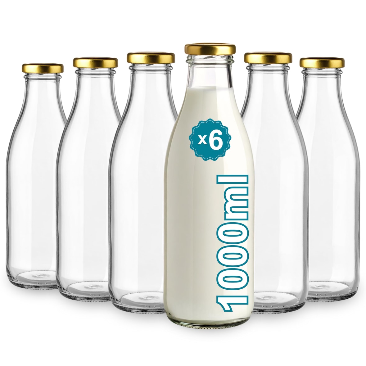 6 leeren Glasflaschen à 1000 ml mit Deckel - Glasflaschen für Saft, Milch, Grillen, Saucen