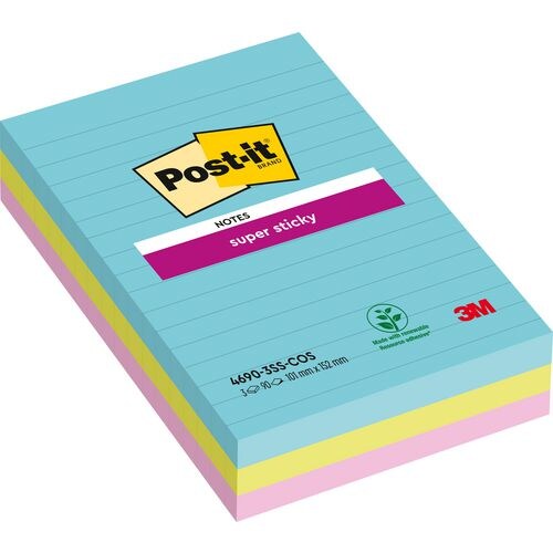 Post-it Miami Haftnotizen 101 x 152 mm Farbig sortiert Rechteckig Liniert 3 Stück à 90 Blatt