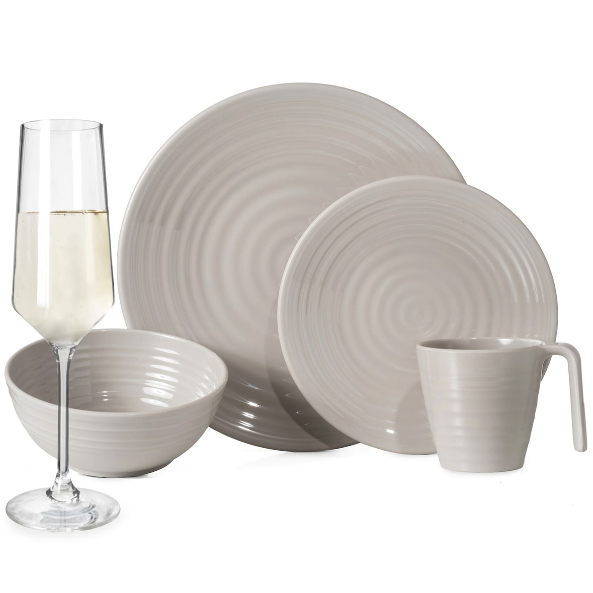 Melamin Geschirr-Set 4 Personen Coffee Design 16 Teilig + Milano Gläser Champagner-Gläser Flûtes Tafelgeschirr Picknick BBQ Kochgeschirr