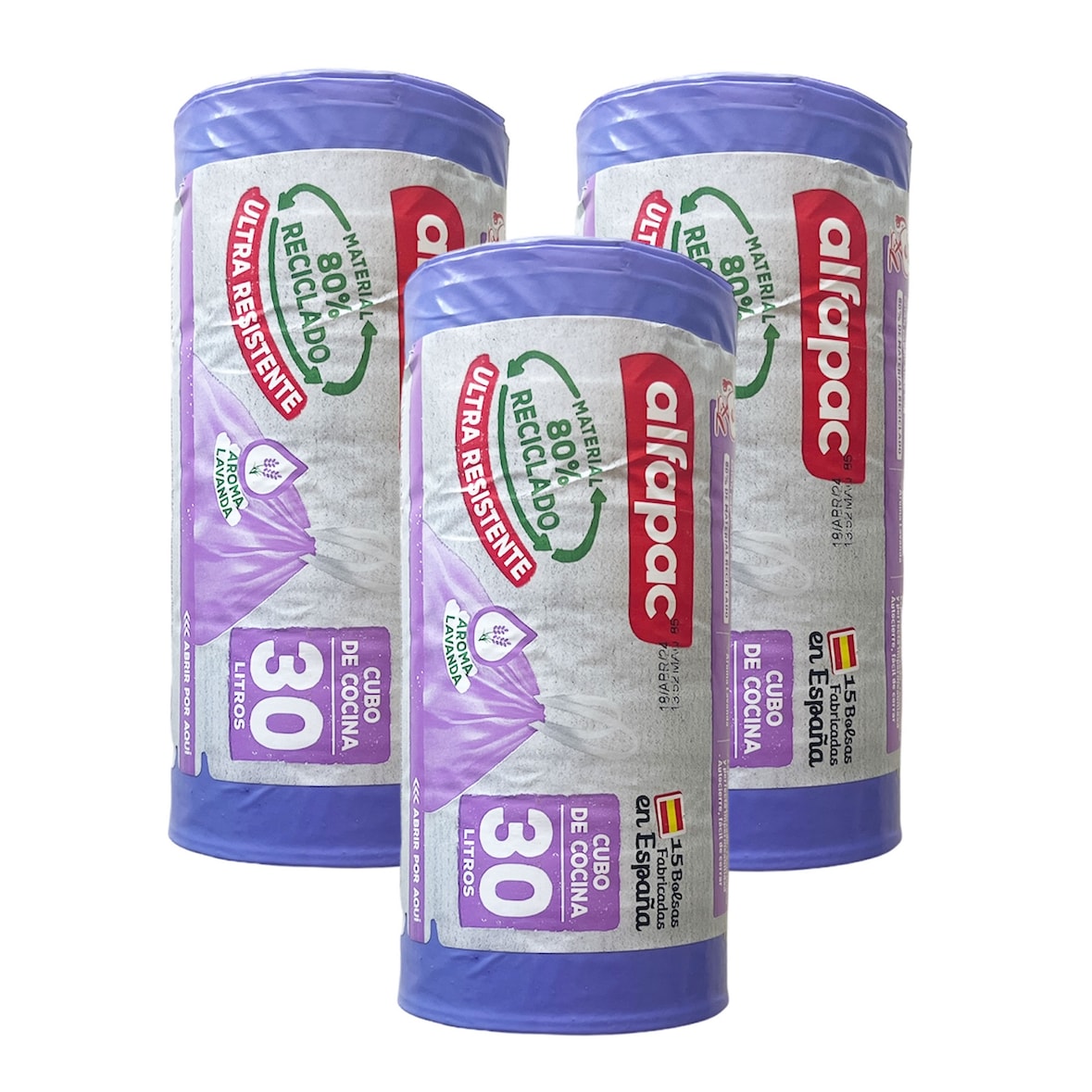 Alfapac - 30L 55x60cm hersluitbare vuilniszakken 'Lavendel', 3 rollen x 15 eenheden (80% gerecycled)