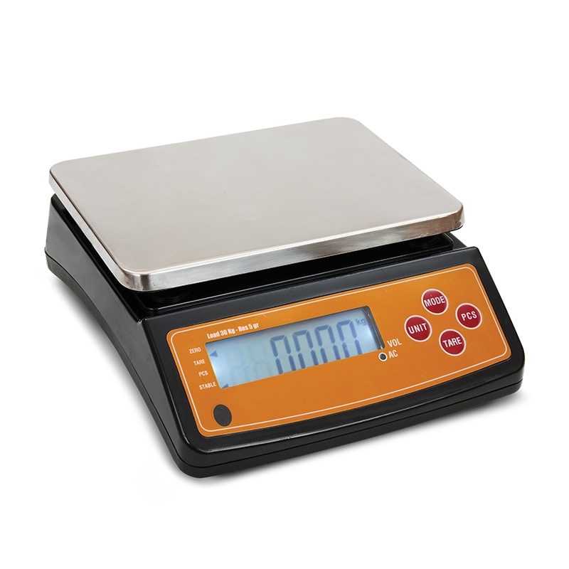 HORECATECH Bilancia elettronica 30 Kg divisione 5g, doppio display luminoso,  piatto di pesata certificato per il contatto alimentare.