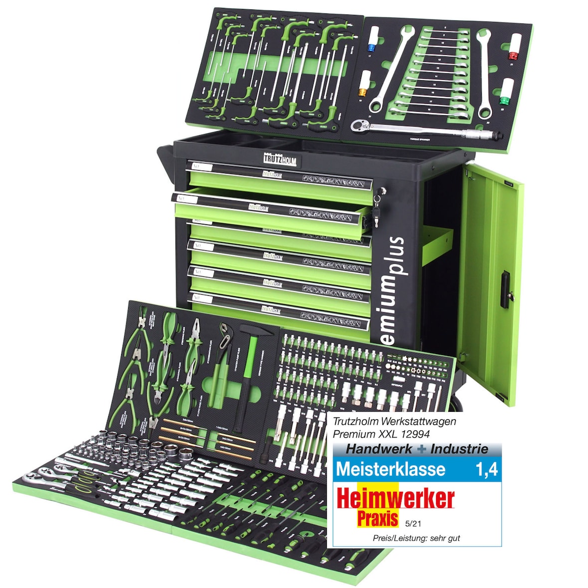 Werkstattwagen Premium plus bestückt 254tlg. 7 Schubladen Chrom Vanadium Werkzeug  abschließbar grün