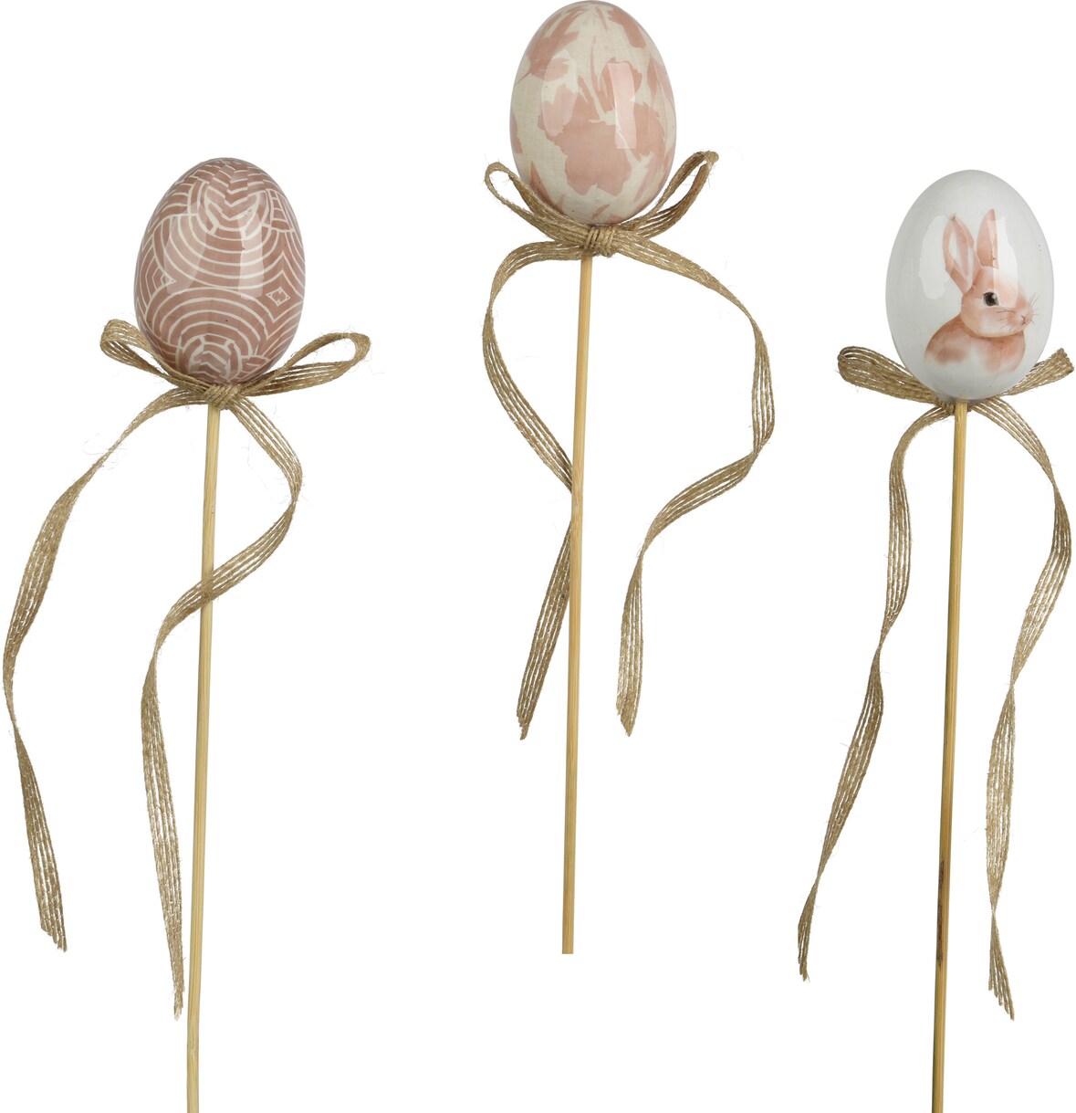 6 Osterstecker Osterei 30cm bruchfester Blumenstecker am Stab mit Tiermotiv und Muster Pflanzstecker Dekostecker Osterdeko Frühlingsdeko Weiß Rosa