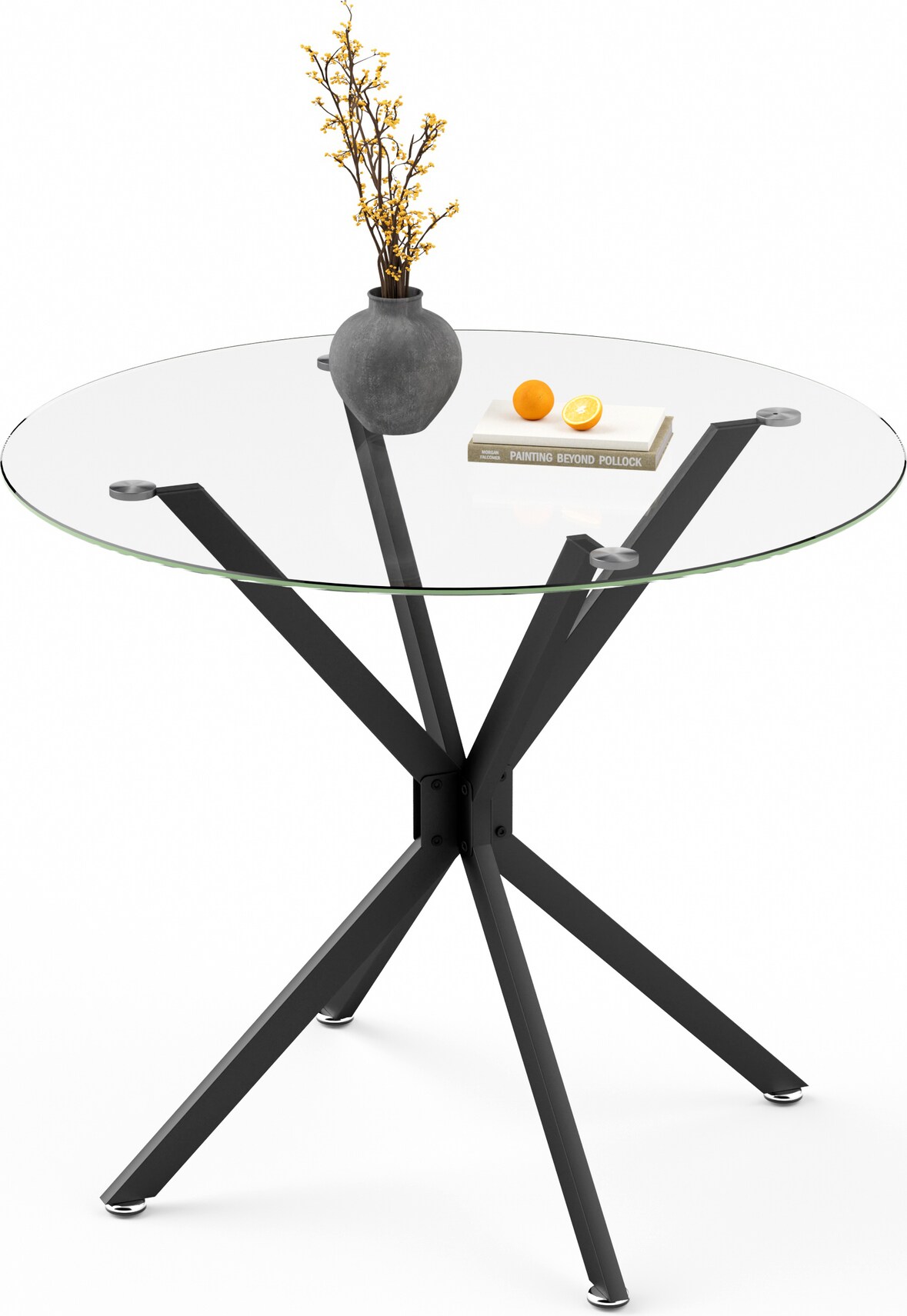 Esstisch rund Glas Schwarz 90x90x78 cm mit Metallbeinen verstellbaren Füßen, kratzfeste Tischplatte, kompakt für Küche Esszimmer