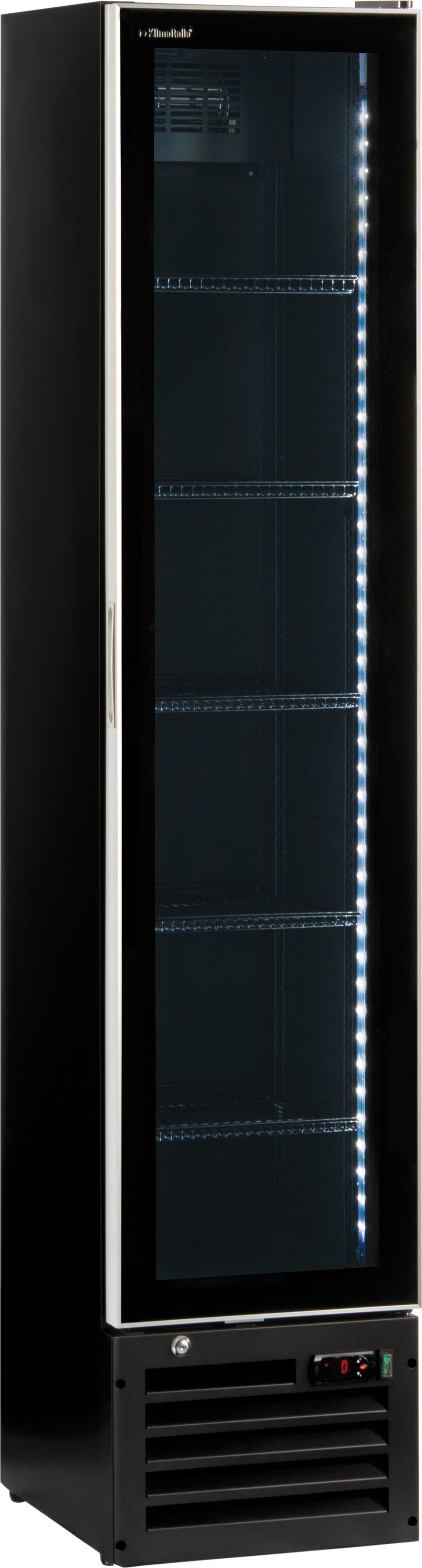 KLIMAITALIA Getränke-Kühlschrank mit Rührer. Infinity-Glastür und LED-Lichter. Elektronischer Temperaturregler. Temperatur 0°C/+10°C. THINCOOLERBLACK