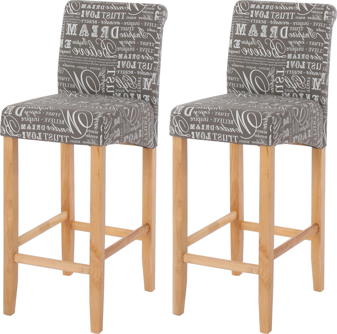 2er-Set Barhocker gepolstert mit Lehne | Sitzhöhe 75cm | Holz | Schriftzug | Grau | helle Beine | Stoff/Textil | Barstuhl Tresenhocker