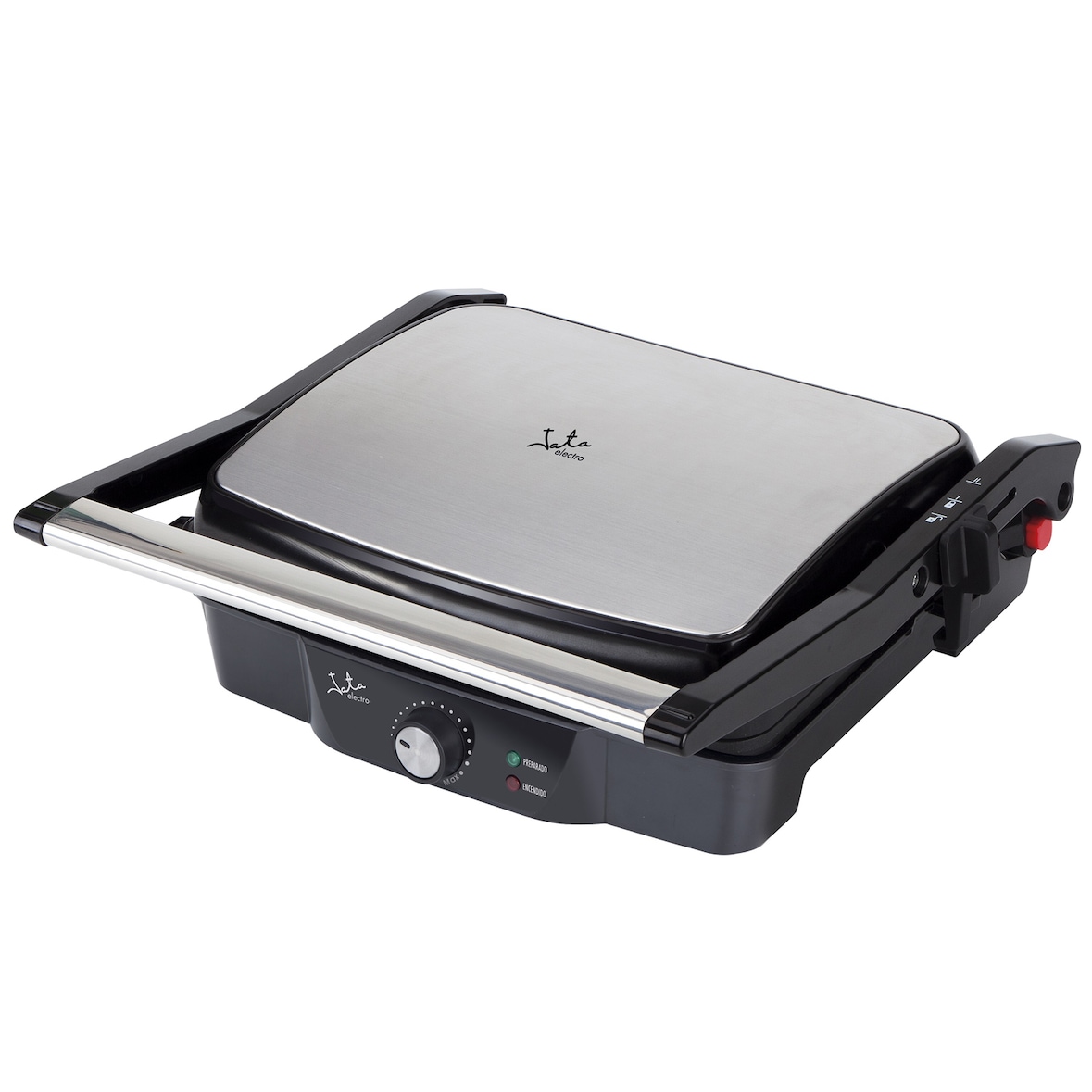 Grill de asar doble Jata GR594 con cuerpo de acero inoxidable. Placa superior basculante con 2 niveles. Apertura de 180º. Placas: 295 x 235 mm