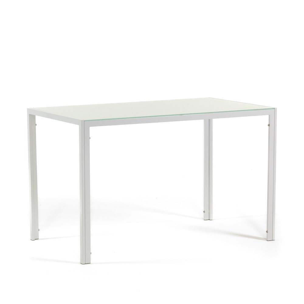 Mesa de interior 120x70 cm con tablero de vidrio templado, diseño moderno y minimalista, ideal para cocina, comedor u oficina – Blanco – Ettore