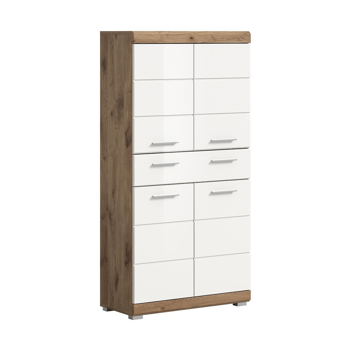 Wave Badschrank 4 Türen, 1 Schublade Weiß hochglanz, Eiche Dekor.