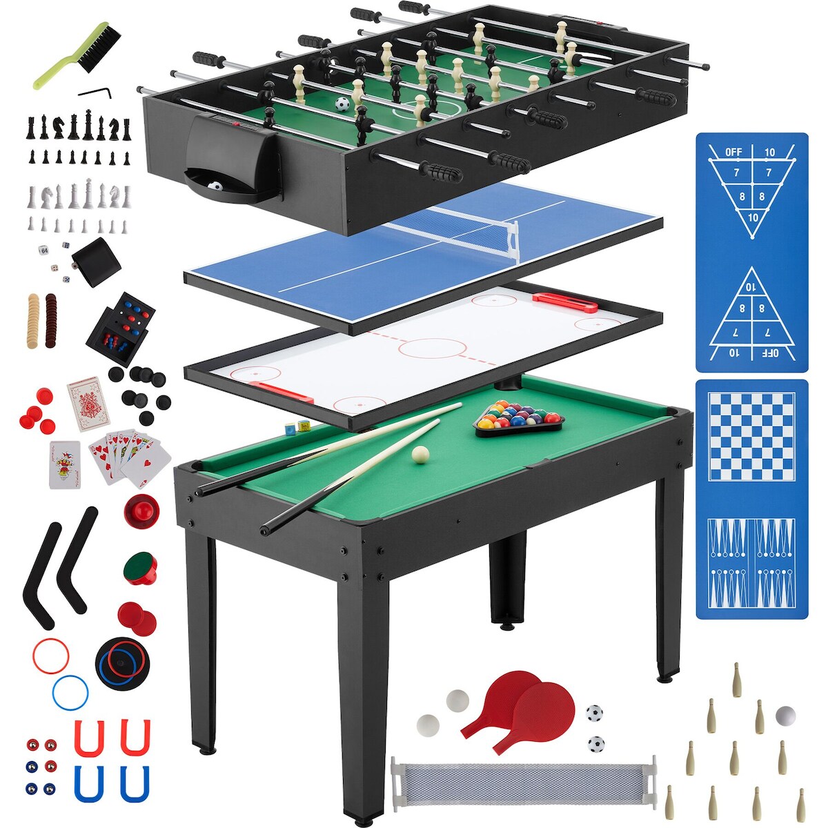 TecTake GmbH tectake Multifunktionaler Spieltisch SirGameALot, 15in1, mit Zubehör Schwarz/Grün