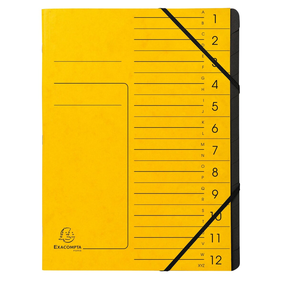 Exacompta - Réf. 541209E - Carton de 10 trieurs dos agrafé - avec élastiques noire - 12 compartiments - dim 24,5x 32 cm - A4 - couleur jaune