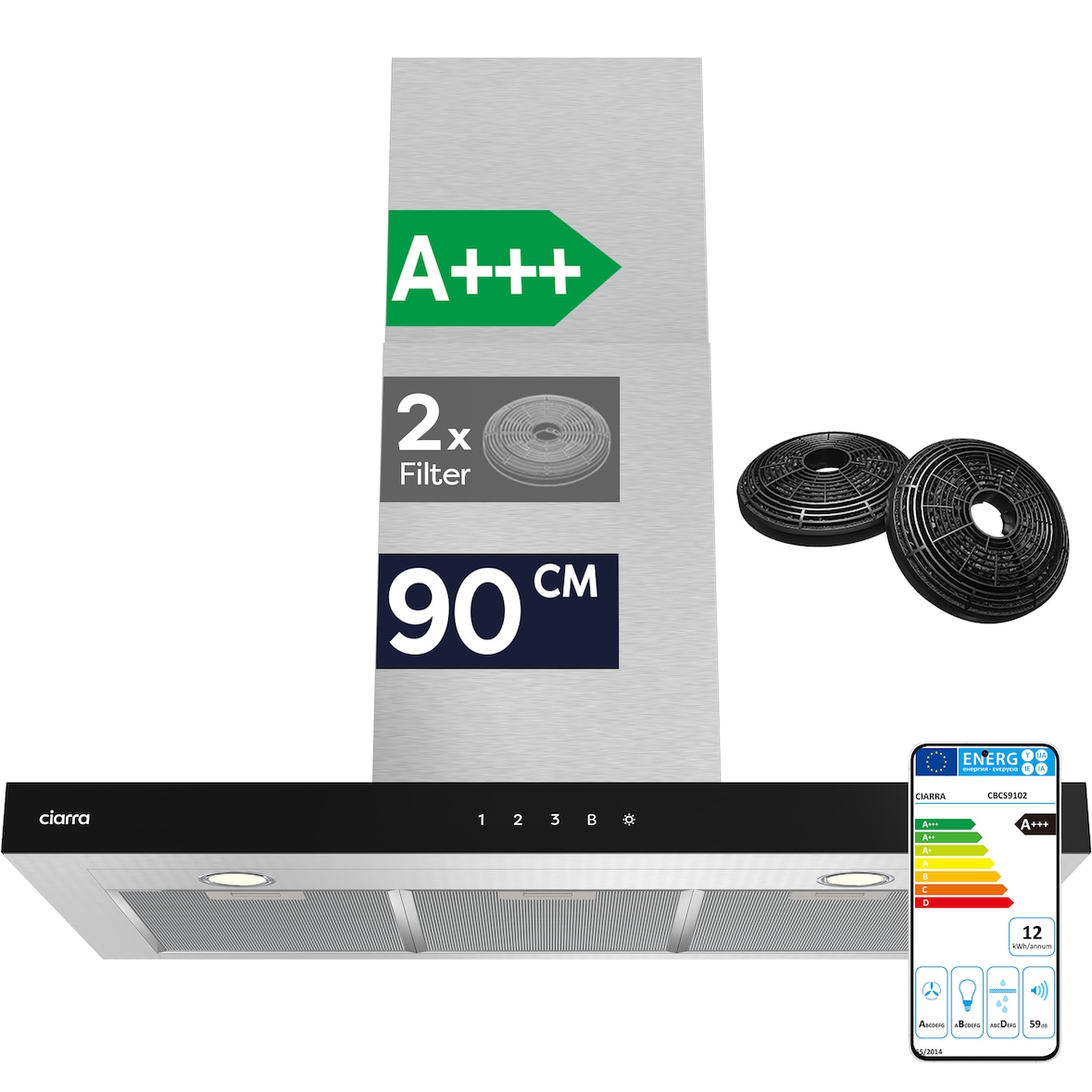 CIARRA A+++ 650 m³/u wandafzuigkap 90cm WIFI +APP & Touch Control Boost VMS9102