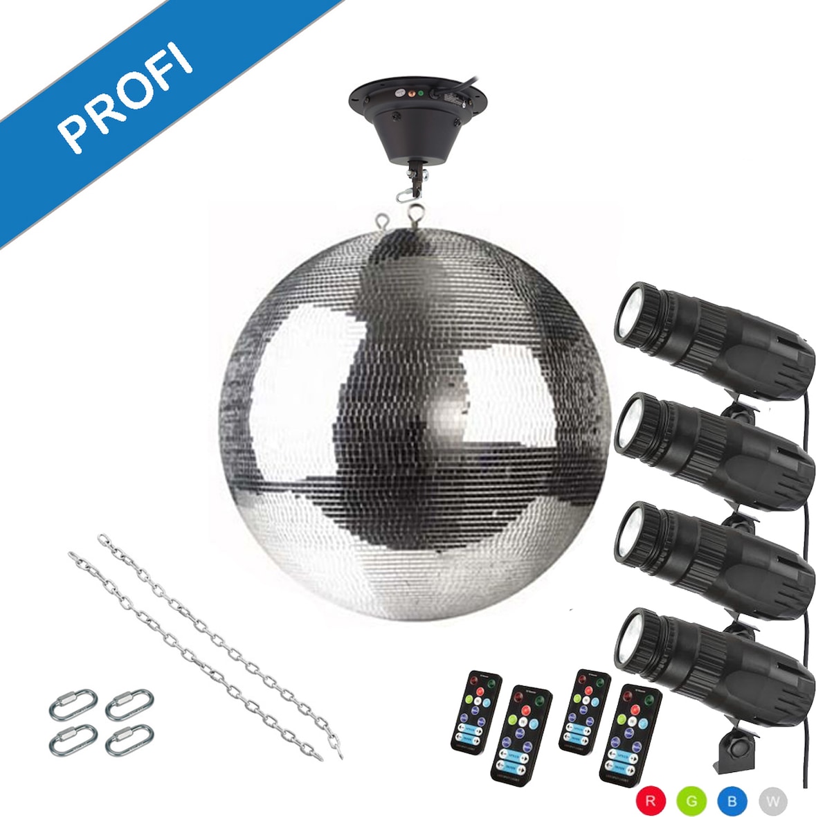 Spiegelkugel Komplettset 50cm mit Motor, 4 x 9W LED Pinspot (RGB) PROFI