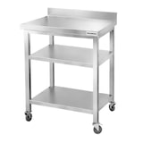 thumbnail of Mesa de trabajo de acero inoxidable Bar 800x700 mm con 3 estantes inferiores y respaldo sobre ruedas PREMIUM - GOLDINOX