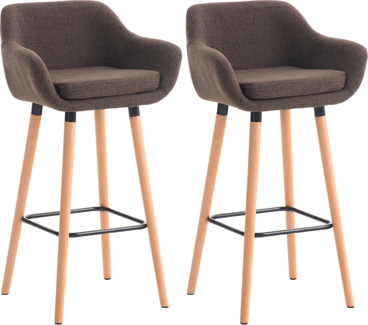 Décoshop26 - Set aus 2 skandinavischen Lounge-Barhockern mit braunen Stoffsitzen Holzbeinen und Metallfußstützen 10_0004171