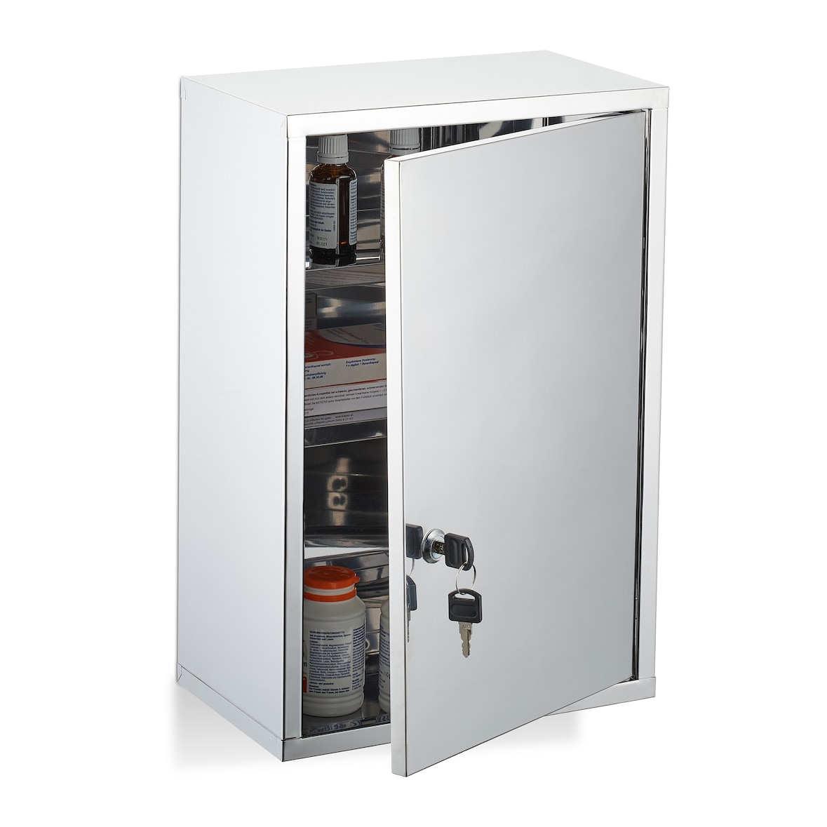 Relaxdays Medizinschrank, 3 Fächer, abschließbar, Edelstahl, HBT: 45x30x18 cm, Hausapotheke, Medikamentenschrank, silber