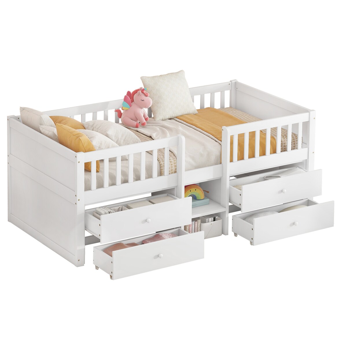 Halbhohes Bett 90x200 mit 4 Schubladen, Stauraumbett, Leiter, Sicherheitsgeländer, MDF & Kiefernholz, modern, Weiß