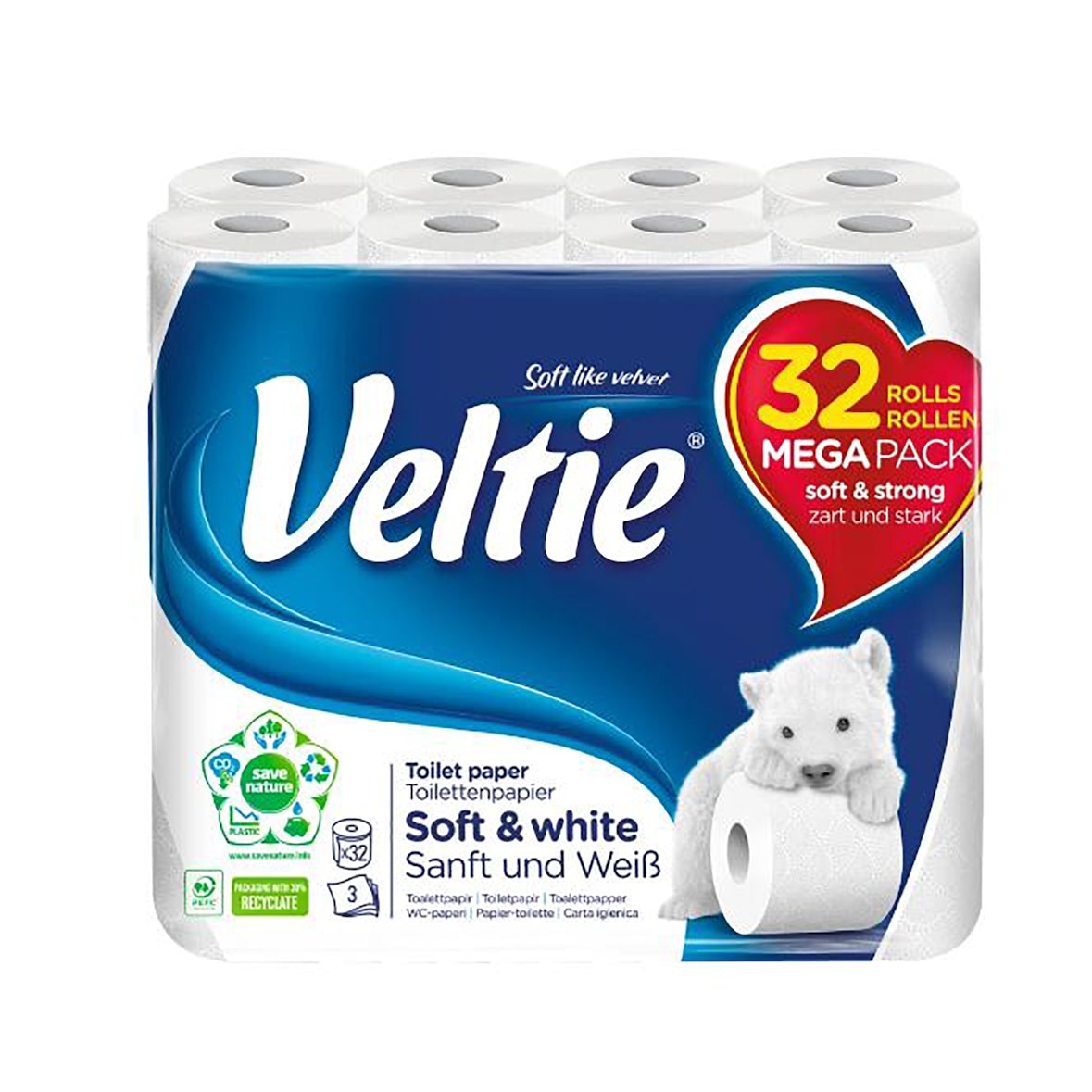 Toilettenpapier VELTIE – 32er Pack – 3-lagig – 150 Blatt – Weiß