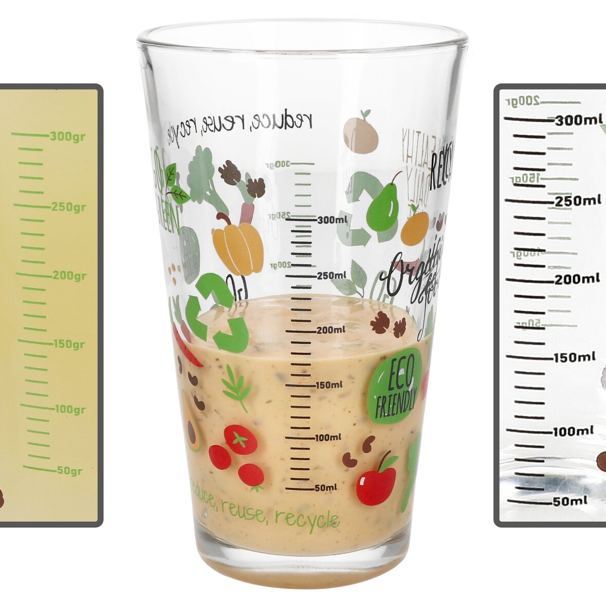Organic Gemüse Trinkglas mit Skala Messbecher 0,3L Milliliter Gramm Backen Saft