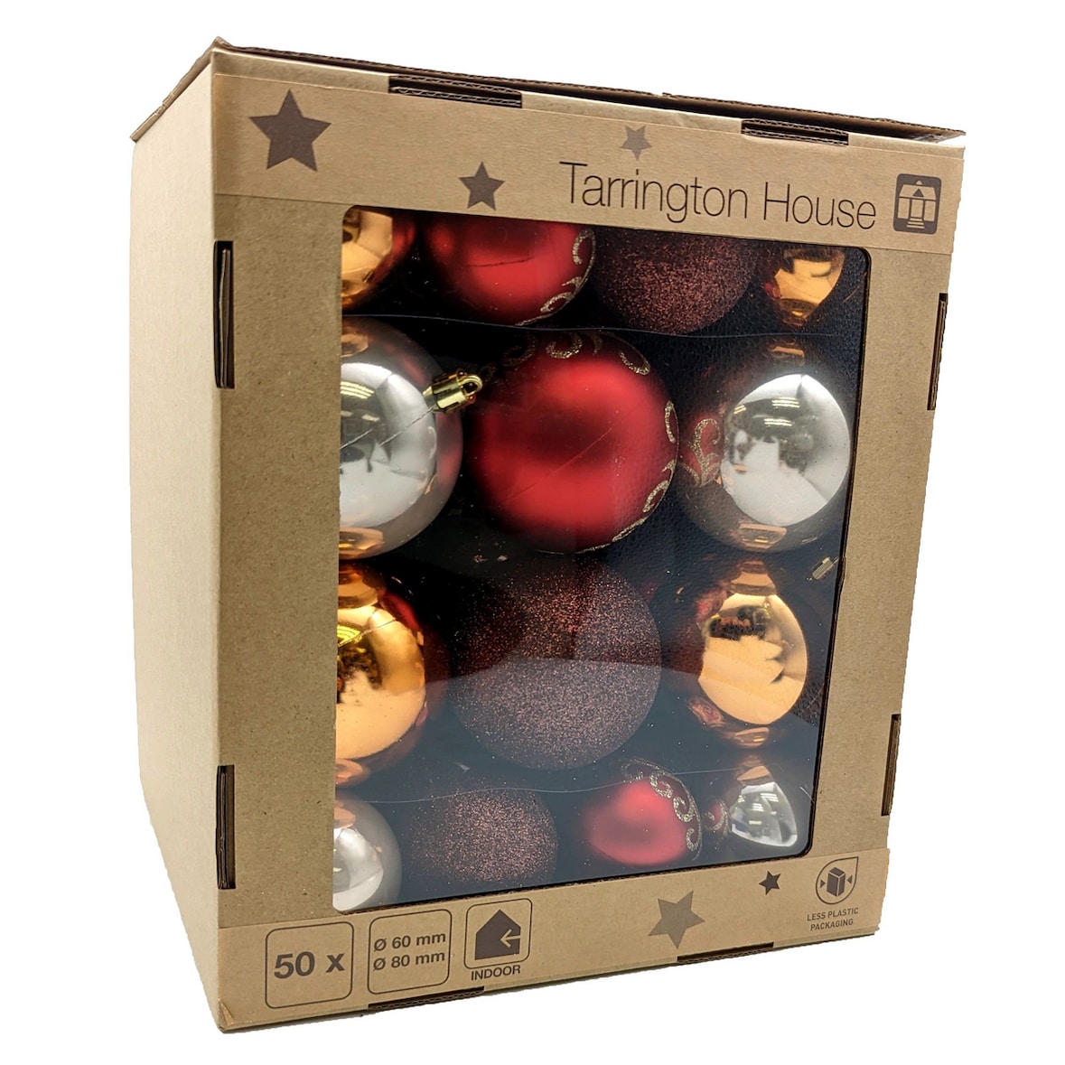 Tarrington House Set de boules de Noël, plastique, Ø 60 / 80 mm, brillantes, mates et scintillantes, couleurs naturelles, 50 pièces.