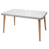 thumbnail of Poly-rattan eettafel HWC-H65, tuin/lounge tafel, staal + acacia halfronde poly-rattan MVG 150x90cm ~ grijs