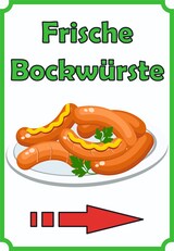 thumbnail of Frische Bockwürste Verkaufsschild Schild hochkant mit Pfeil nach rechts A4 Rückseite selbstklebend