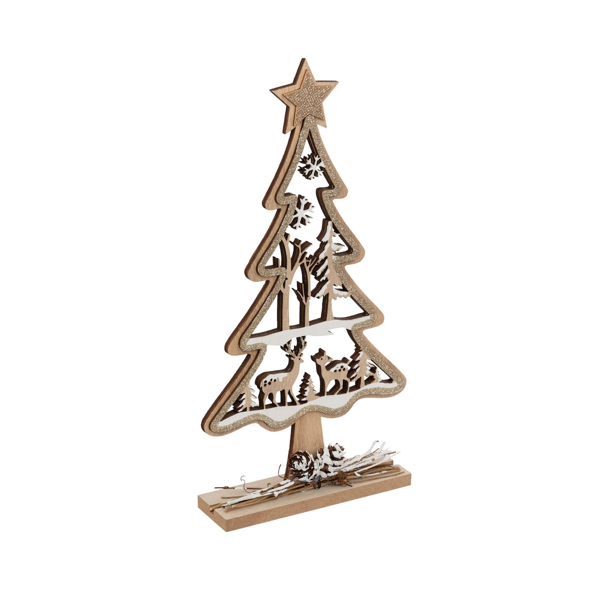 Déco de Noël Sapin en Bois ajouré avec Rennes et Branches L 15.5 x H 28.5 cm