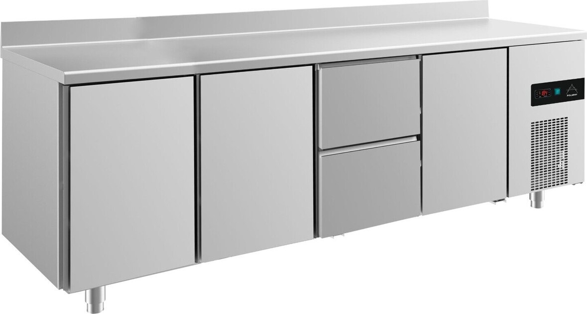 Gastro Kühltisch 3 Türen links&mittig&rechts 2 Schubladen mittig Umluftkühlung Aufkantung, 2330x700x850mm -2/+8°C Edelstahl